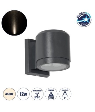 GLOBOSTAR® WALLLIGHT-SONA 90482 Μοντέρνο Φωτιστικό Τοίχου - Απλίκα LED 12W 1140lm 5° DC 24V Αδιάβροχο IP67 Φυσικό Λευκό 4500K - CREE COB Chip & TÜV SÜD Driver - Γκρι Ανθρακί Ματ - Μ9.5 x Π13 x Υ11cm - 3 Χρόνια Εγγύηση